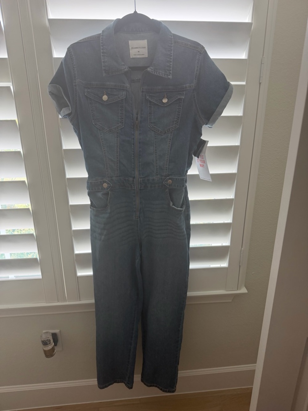 Celebrity Pink Dark Blue Denim Short-Sleeve Jumpsuit